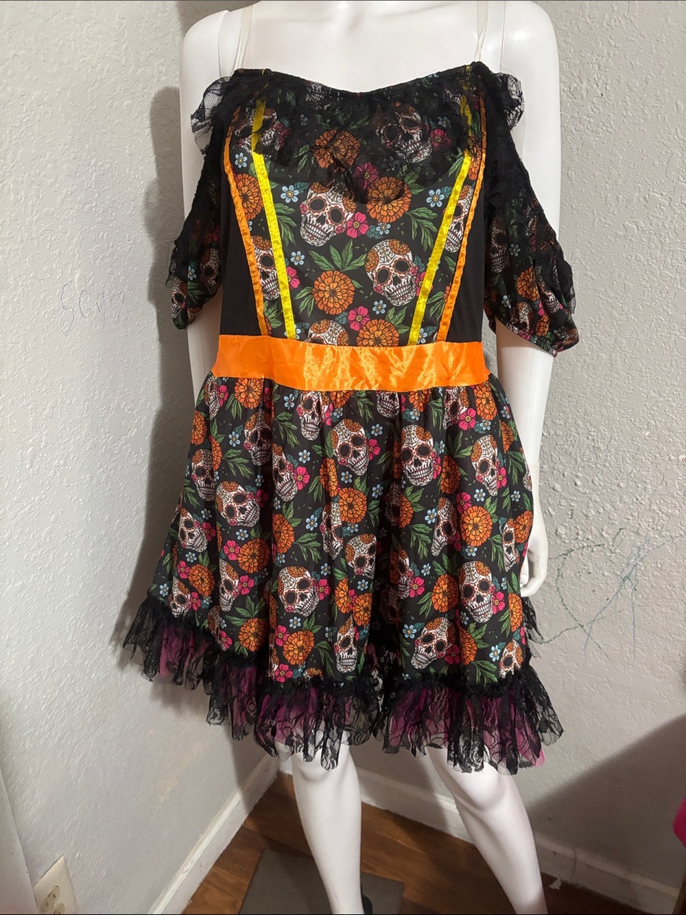 Leg Avenue Black Sugar Skull Floral Halloween Dress with Orange Accents